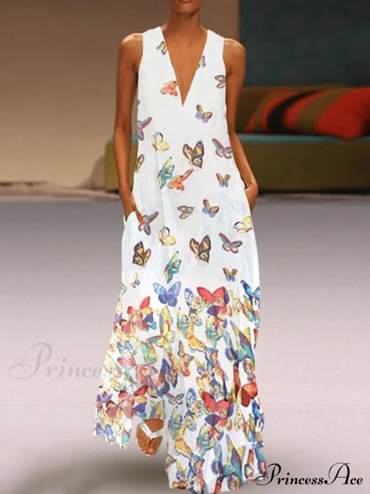 Butterfly Printed V-Neck Maxi Dress S / White Dresses