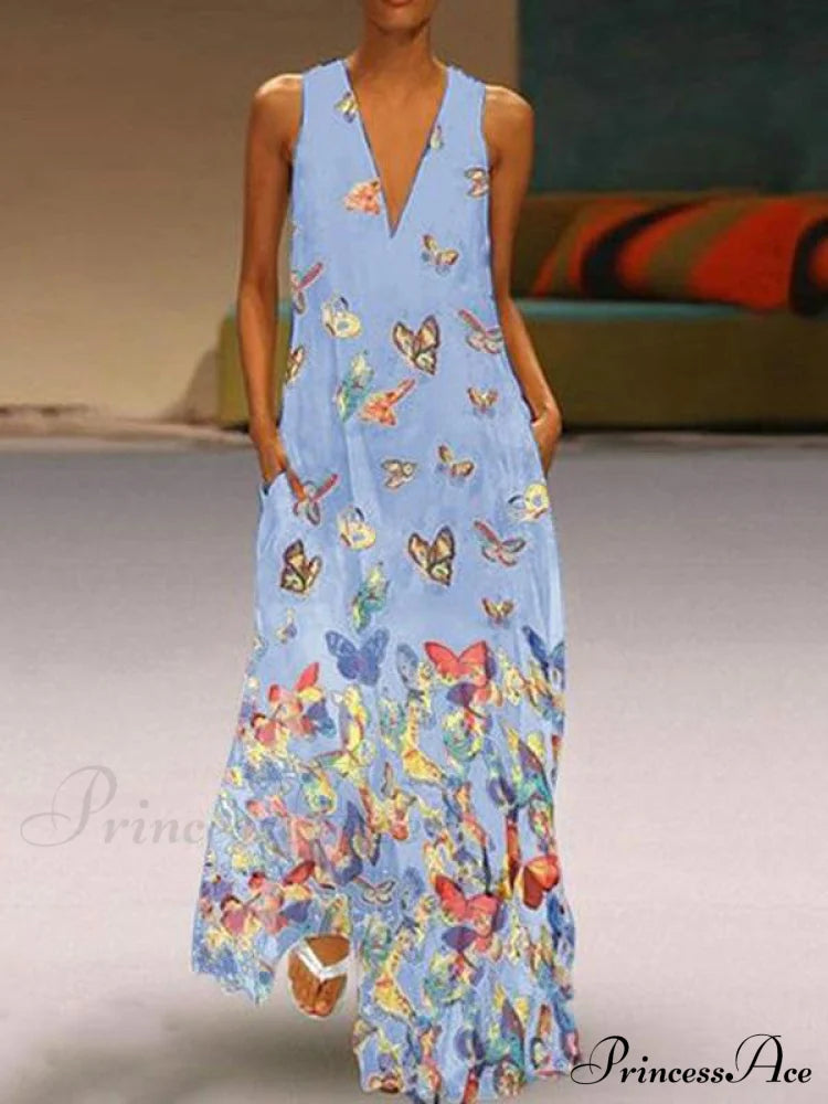 Butterfly Printed V-Neck Maxi Dress S / Yellow Dresses