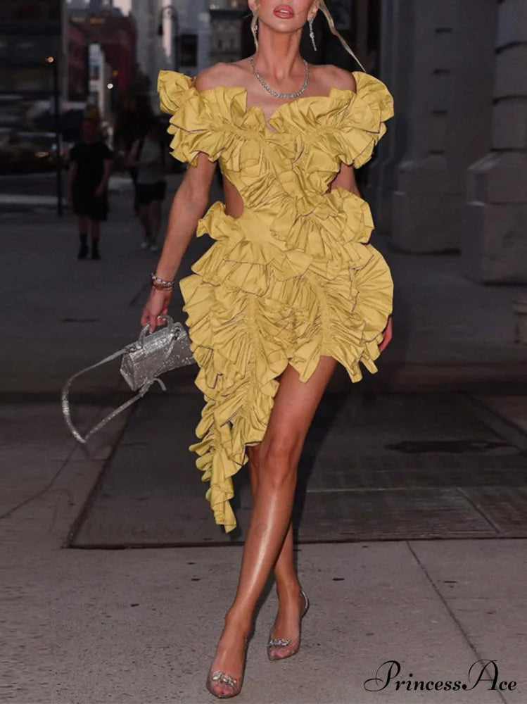 Butterfly Short Sleeve Trendy Bodycon Mini Dress Yellow / S Dresses