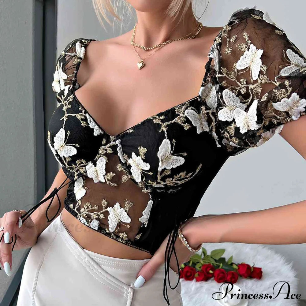 Butterfly Whispers Embroidery Charming Mesh Corset Top