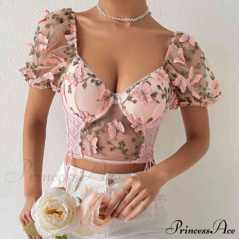 Butterfly Whispers Embroidery Charming Mesh Corset Top