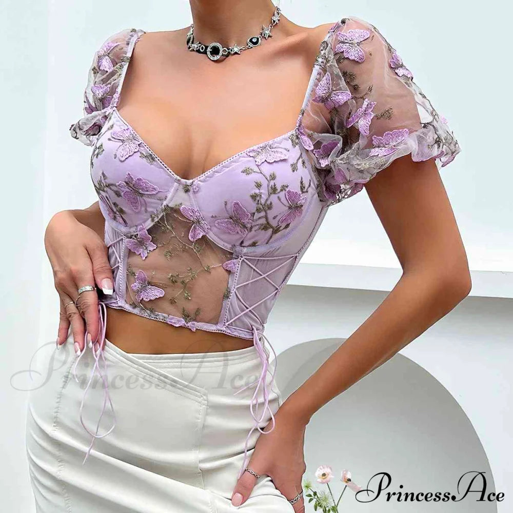 Butterfly Whispers Embroidery Charming Mesh Corset Top