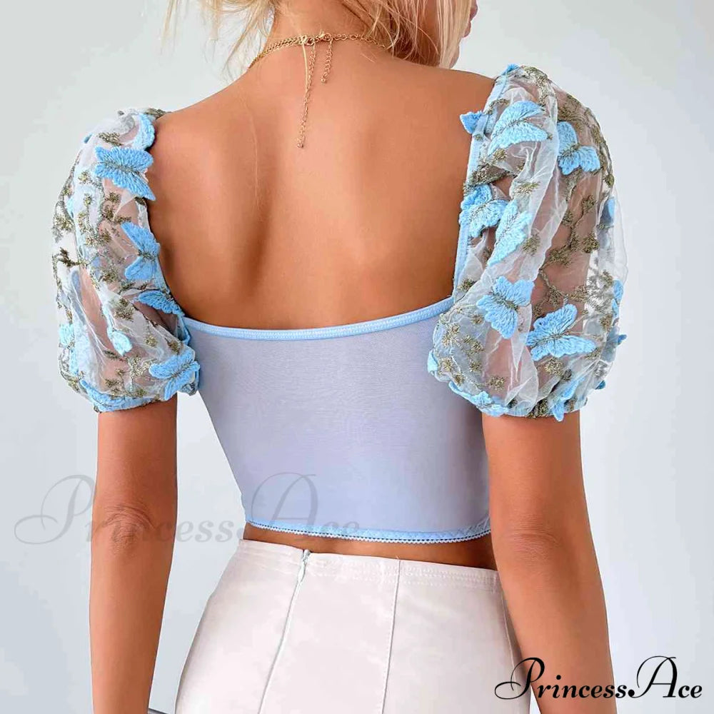 Butterfly Whispers Embroidery Charming Mesh Corset Top