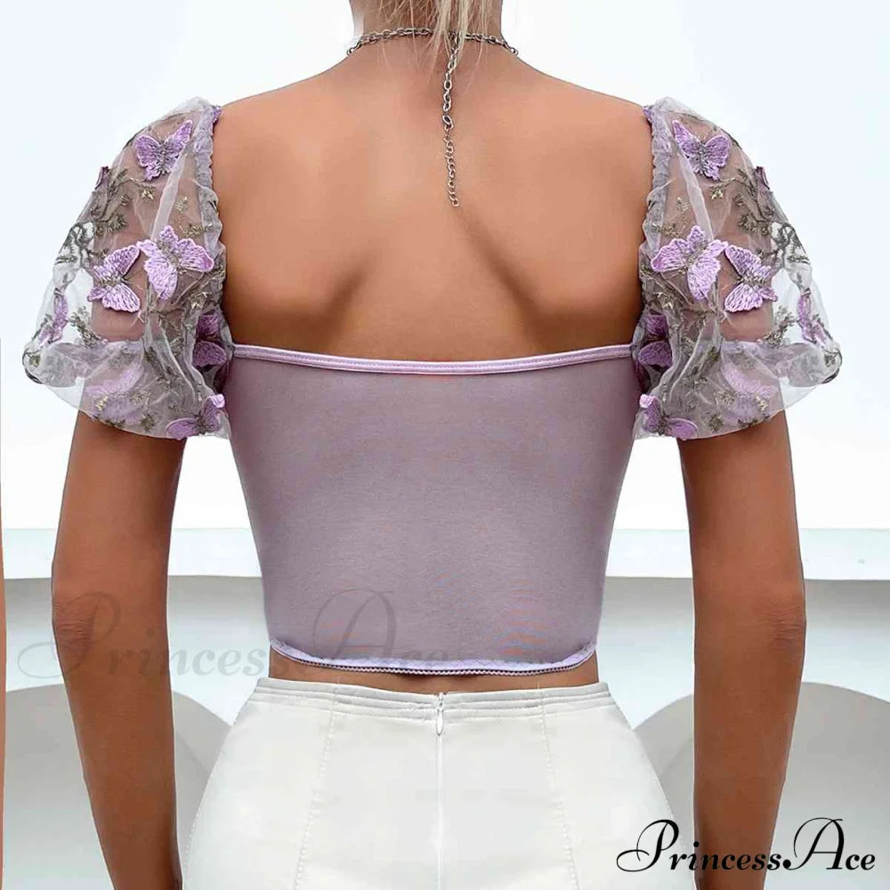 Butterfly Whispers Embroidery Charming Mesh Corset Top