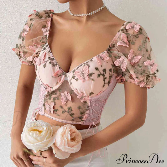 Butterfly Whispers Embroidery Charming Mesh Corset Top Pink / S