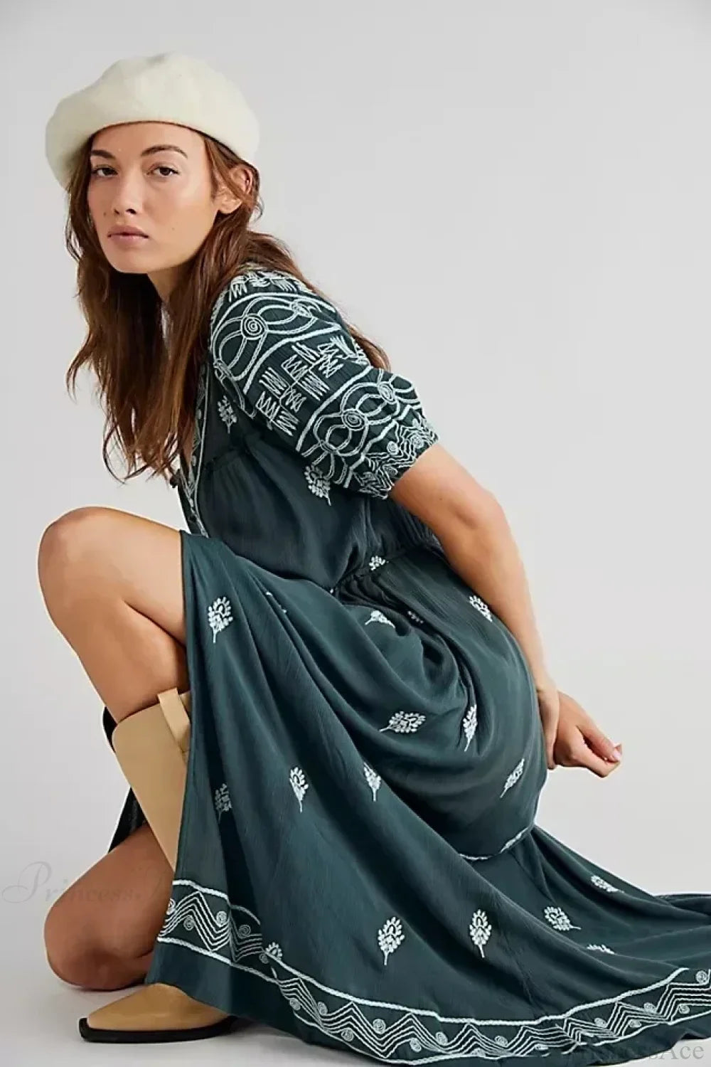 Button Down Embroidery Short Sleeve Chic Boho Dress bohodress-250126