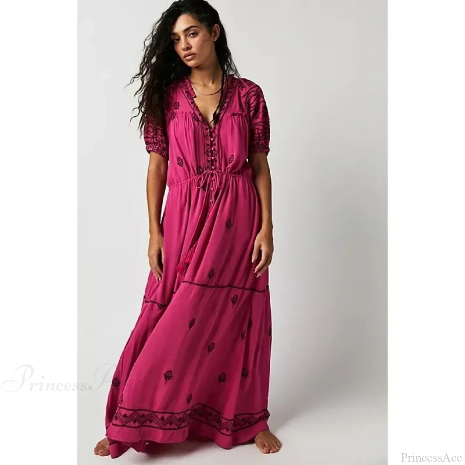 Button Down Embroidery Short Sleeve Chic Boho Dress bohodress-250126