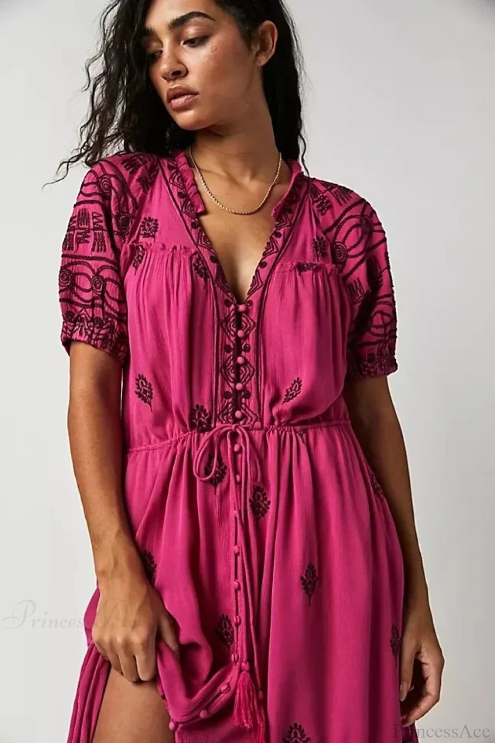 Button Down Embroidery Short Sleeve Chic Boho Dress Rose Red / S bohodress-250126