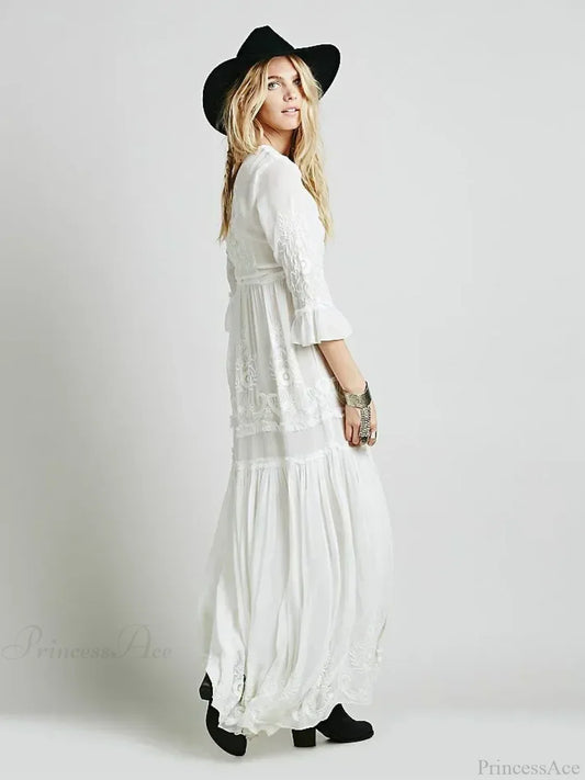 Button Down Hollow Embroidery High Waist Boho Dress bohodress-250126