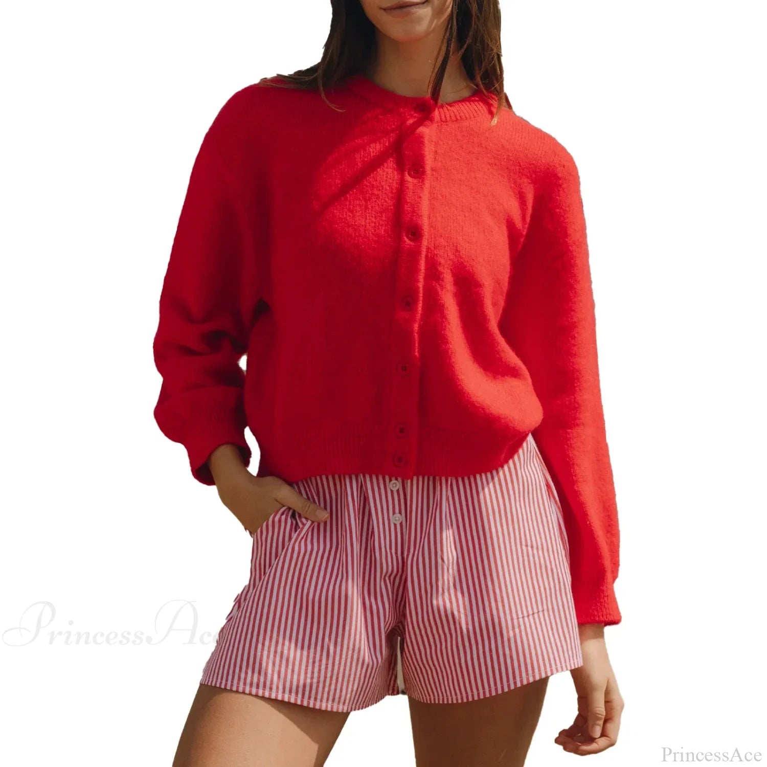 Button Down Lightweight Knit Cardigan Red / S