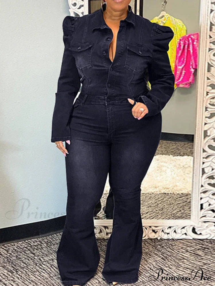 Button Front Graceful Denim Corset Top Jumpsuits