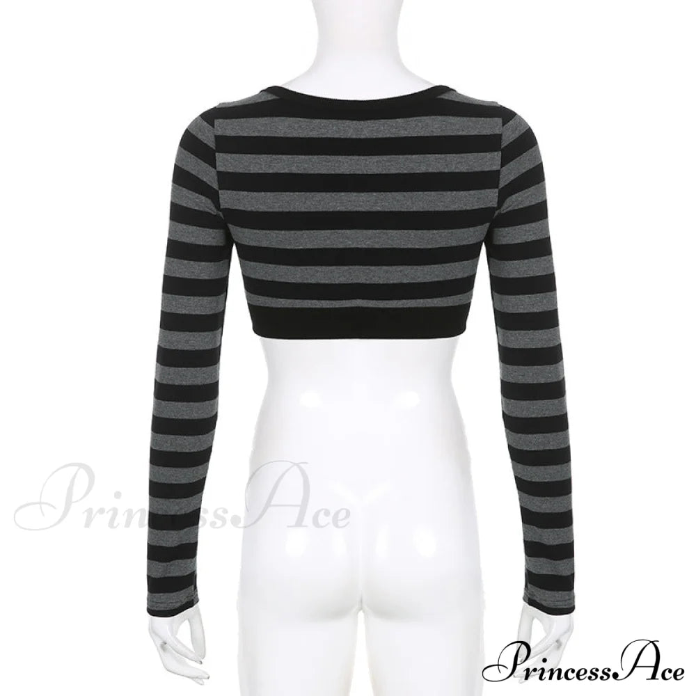 Button Full T Vintage V Crop Top Harajuku Neck Blouse Arm Knitted Women Grunge Tee Striped Y2K