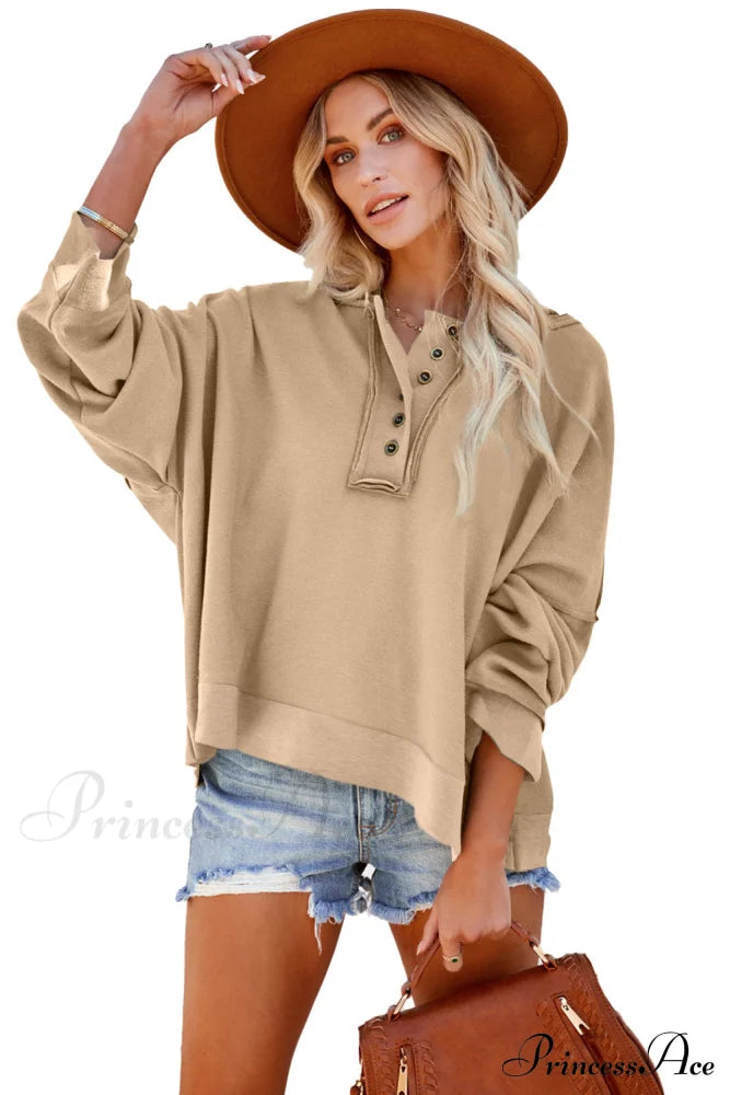 Button Khaki Solid Trim Casual Patchwork Hoodie Sweaters-L
