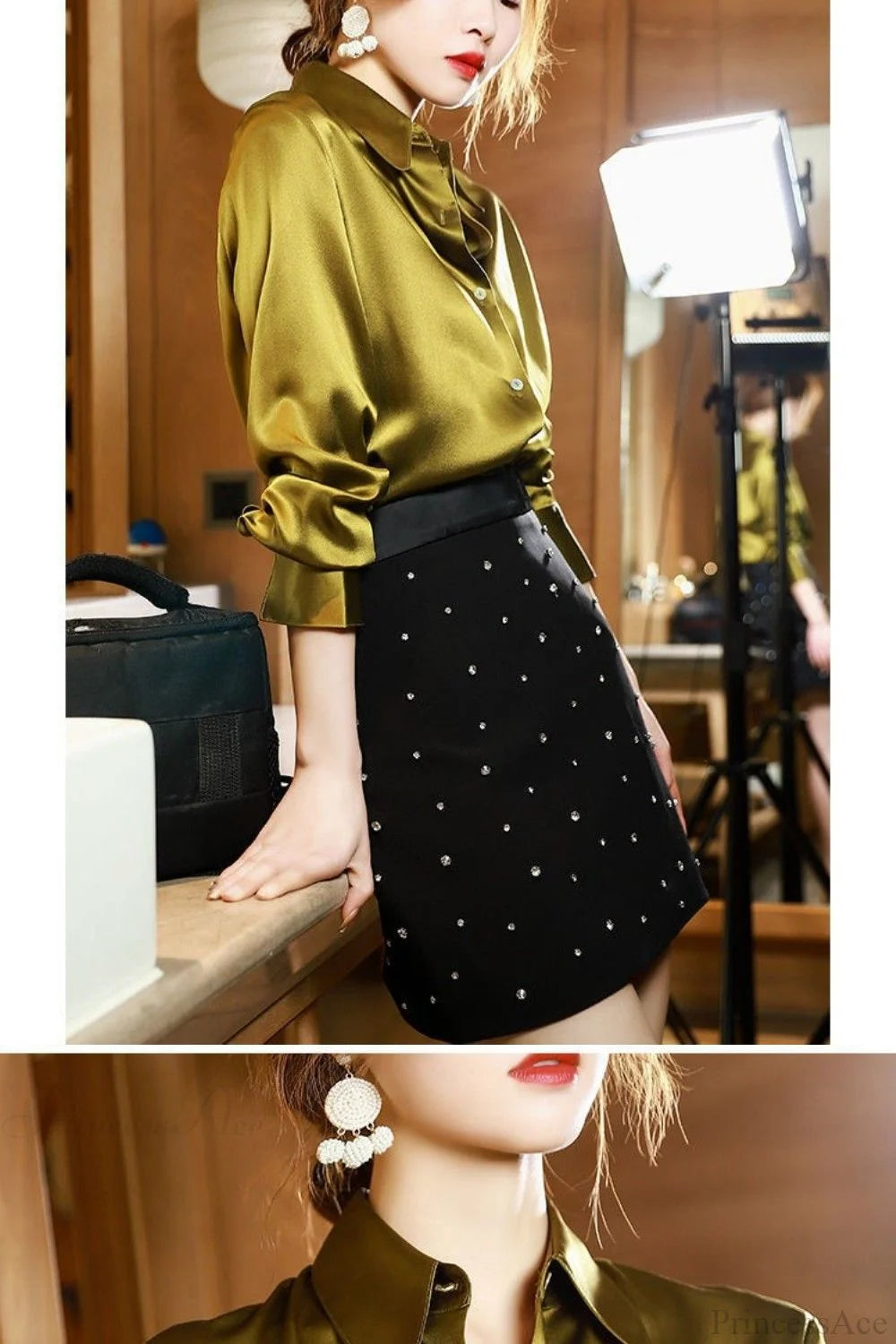 Button Satin - Women’s Blouse Silk Luxury Office Crepe Up Elegant Top