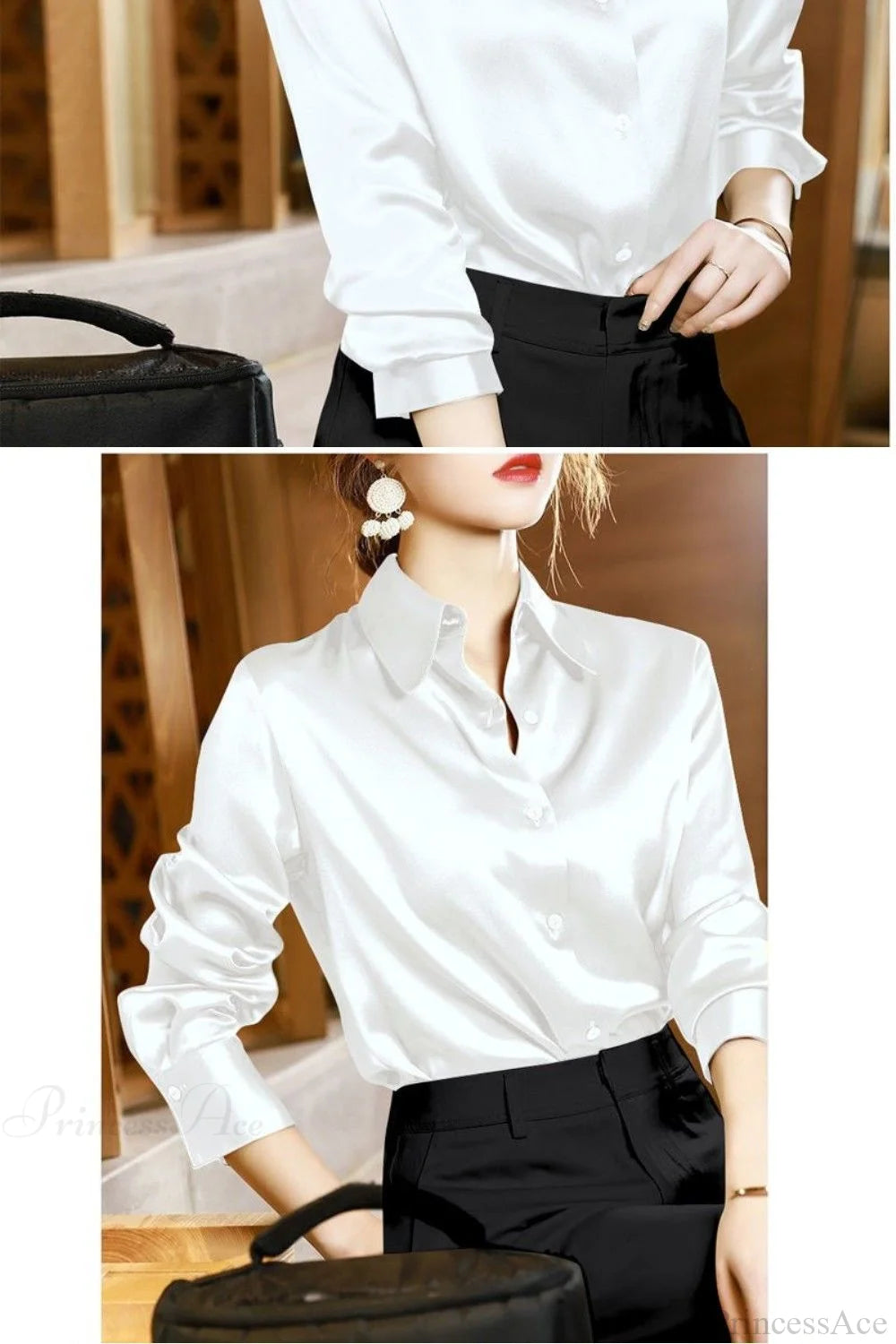 Button Satin - Women’s Blouse Silk Luxury Office Crepe Up Elegant Top