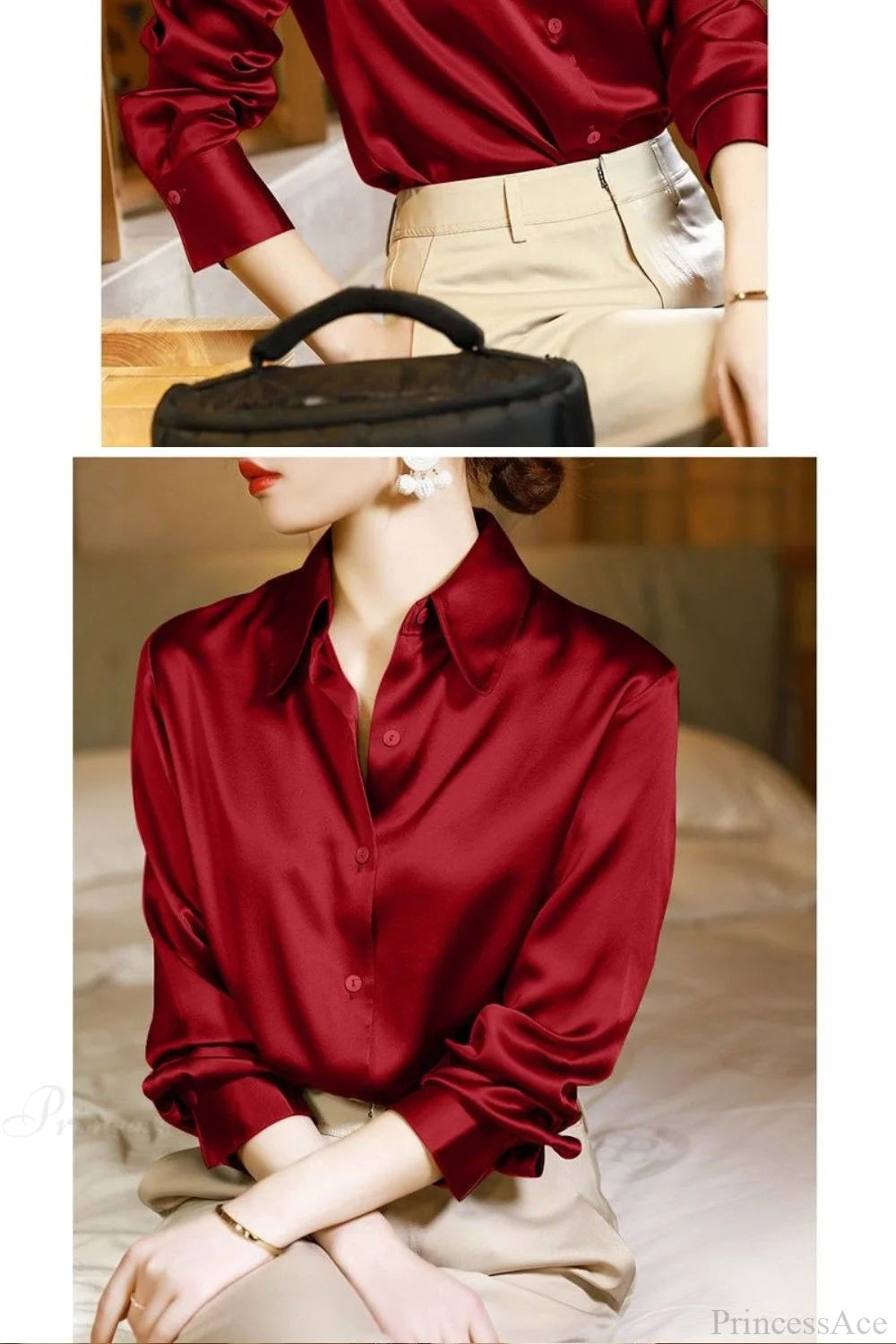 Button Satin - Women’s Blouse Silk Luxury Office Crepe Up Elegant Top