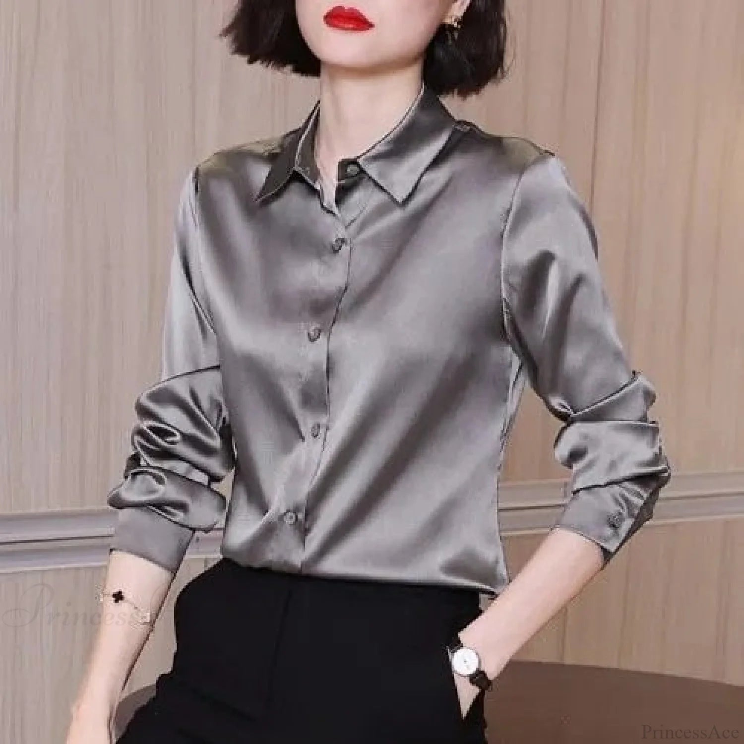 Button Satin - Women’s Blouse Silk Luxury Office Crepe Up Elegant Top Grey / S