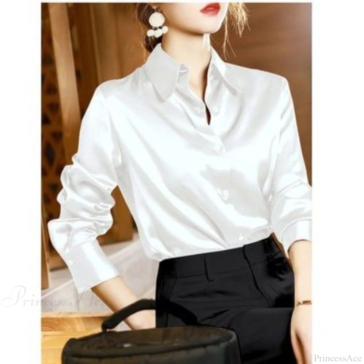 Button Satin - Women’s Blouse Silk Luxury Office Crepe Up Elegant Top White / S