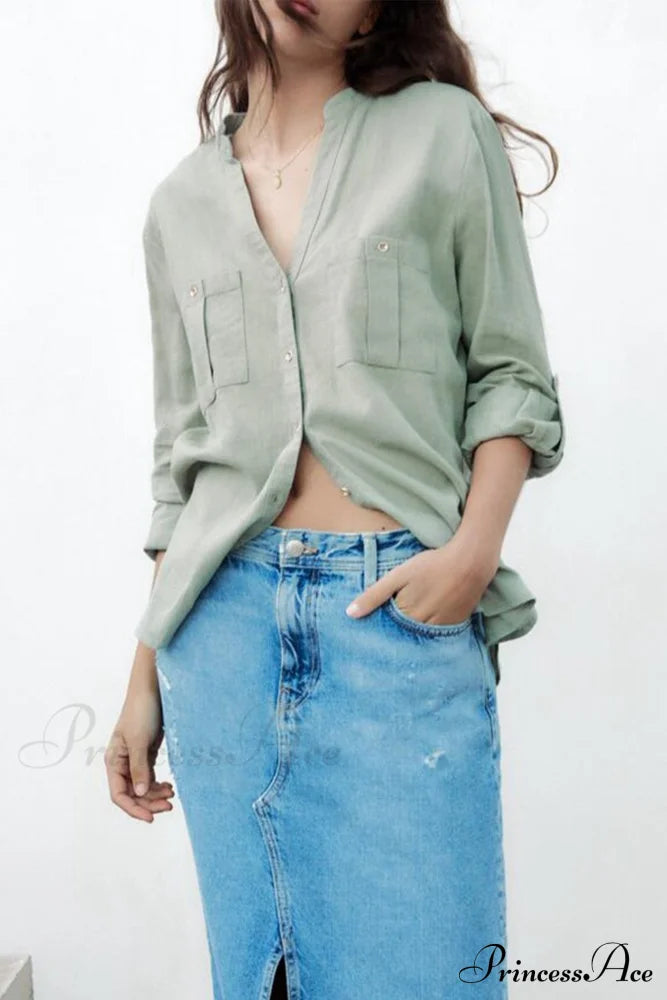 Button-Up Arm Pocket V-Neck Roll-Up Top Green / S Blouses