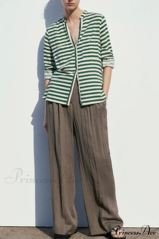 Button-Up Arm Pocket V-Neck Roll-Up Top Green Striped / M Blouses