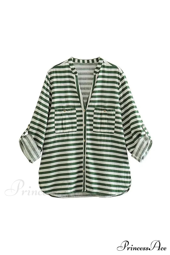 Button-Up Arm Pocket V-Neck Roll-Up Top Green Striped / Xs Blouses