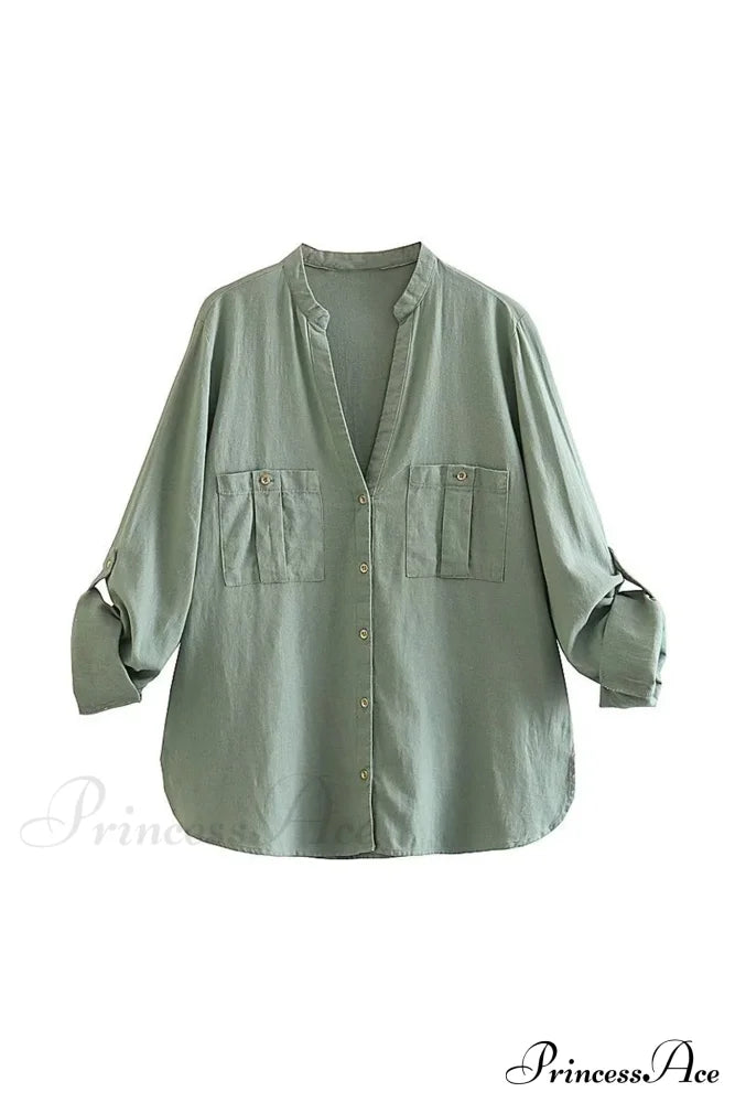 Button-Up Arm Pocket V-Neck Roll-Up Top Green / Xs Blouses