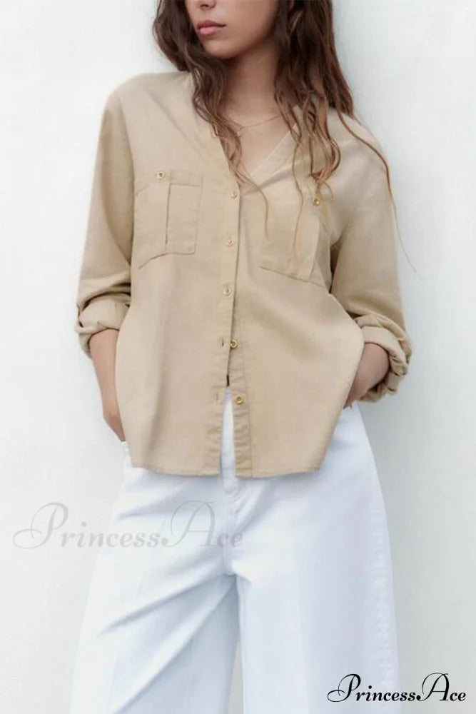 Button-Up Arm Pocket V-Neck Roll-Up Top Khaki / M Blouses