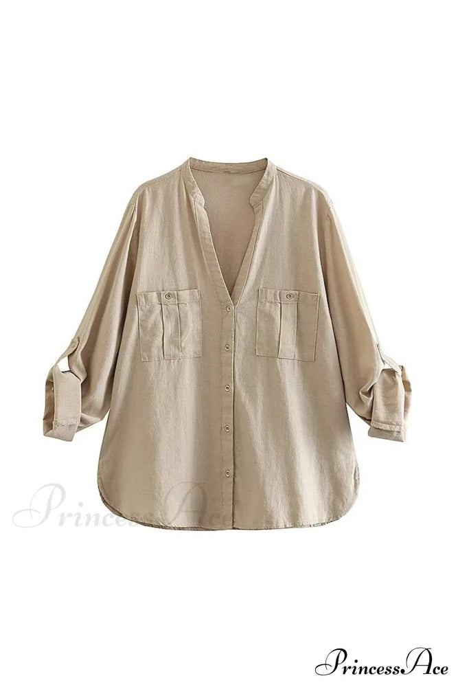 Button-Up Arm Pocket V-Neck Roll-Up Top Khaki / Xs Blouses