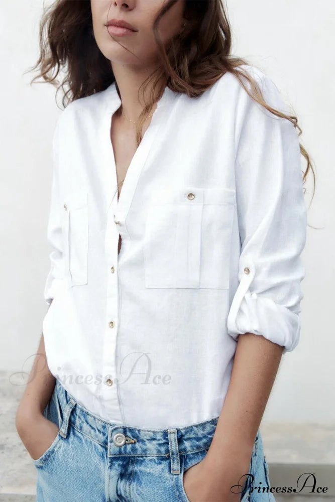 Button-Up Arm Pocket V-Neck Roll-Up Top White / S Blouses