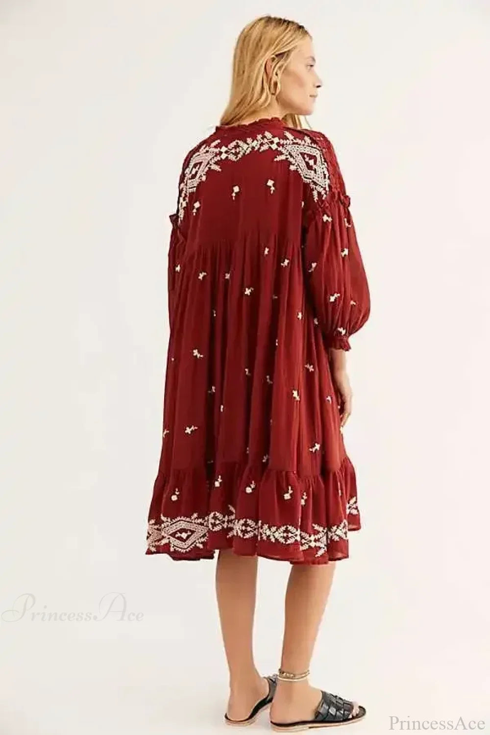 Button Up Black Embroidery Vintage Cotton Boho Dress bohodress-250126