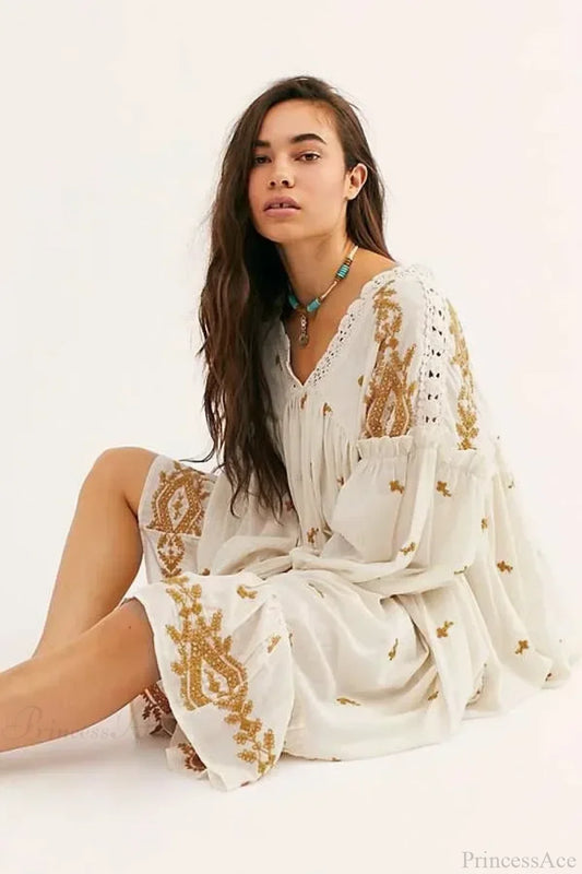 Button Up Black Embroidery Vintage Cotton Boho Dress Off white / S bohodress-250126