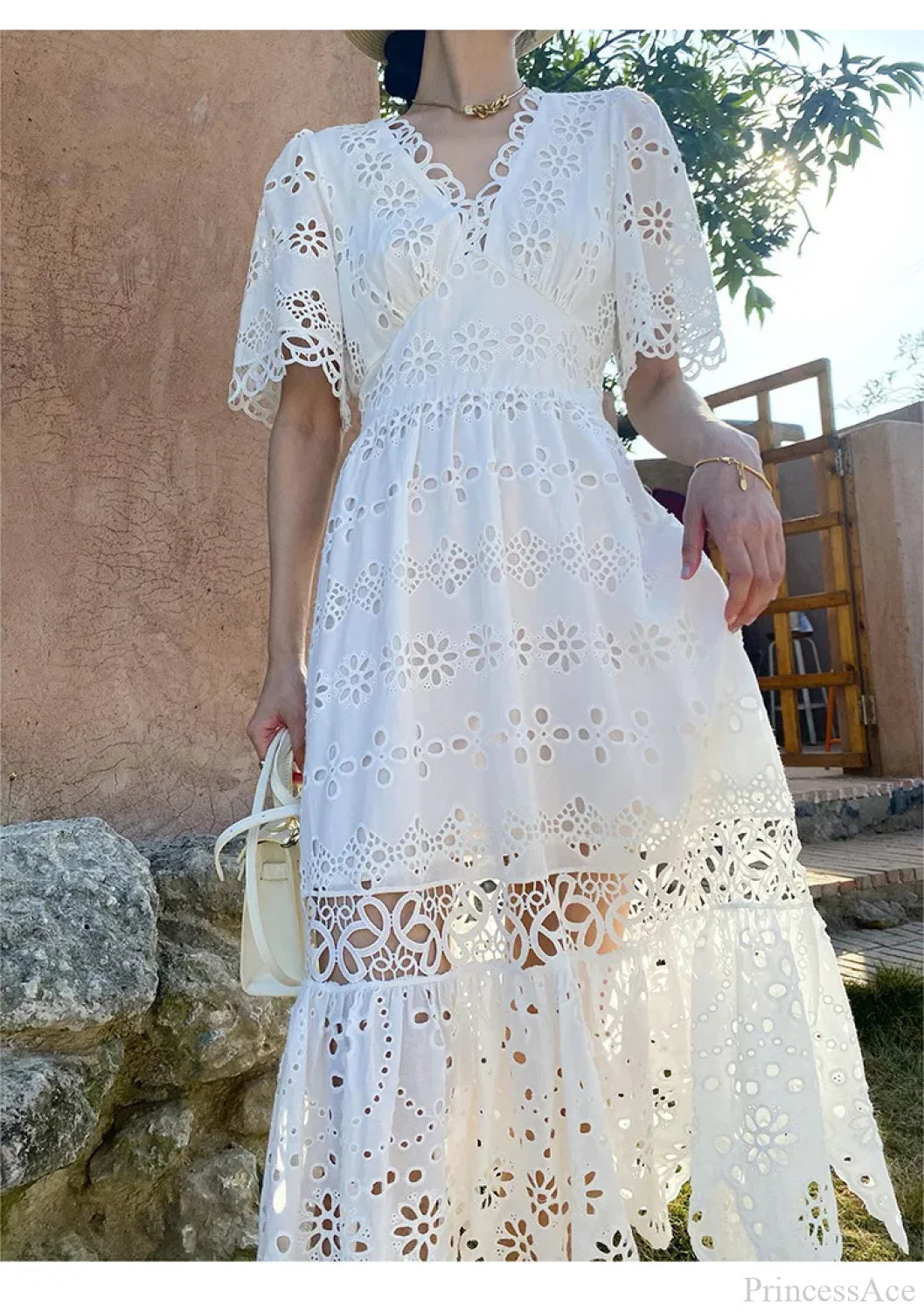 Button Up Embroidery Lantern Sleeve Cotton Boho Dress bohodress-250126