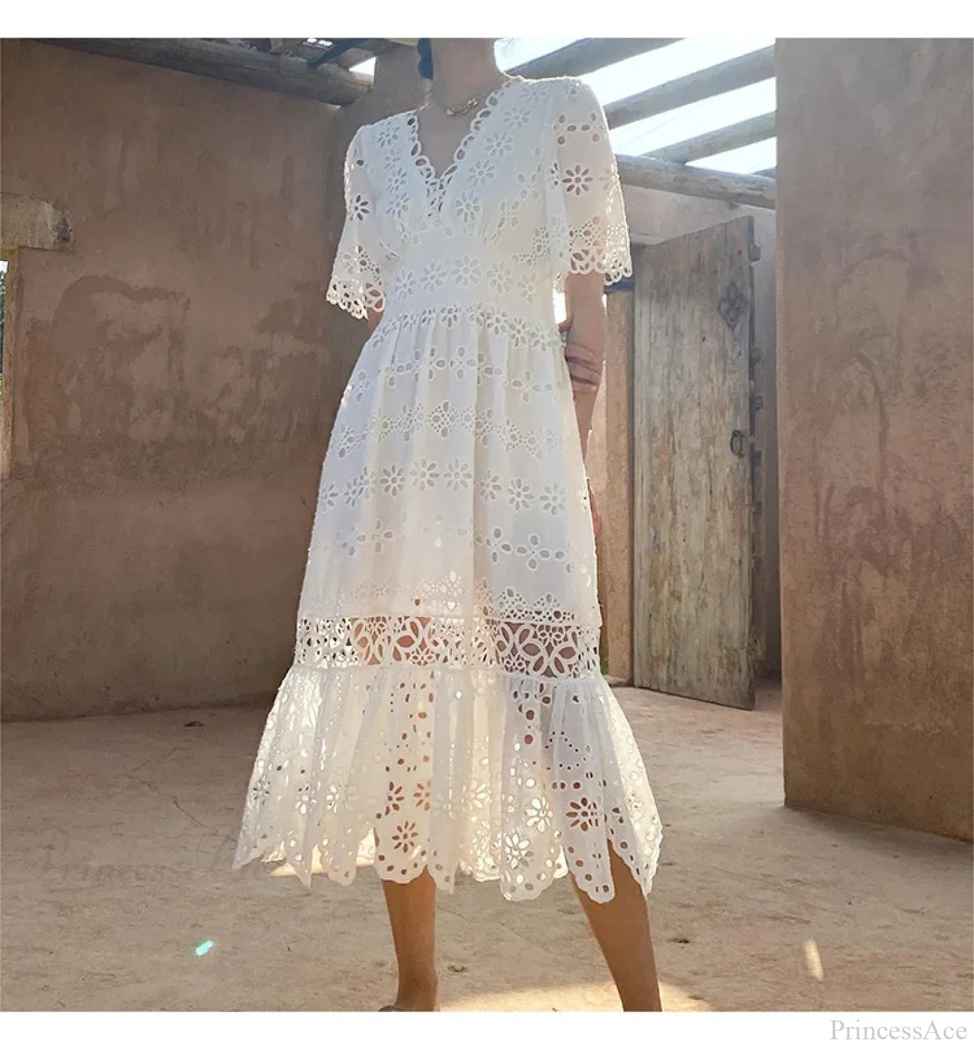 Button Up Embroidery Lantern Sleeve Cotton Boho Dress bohodress-250126