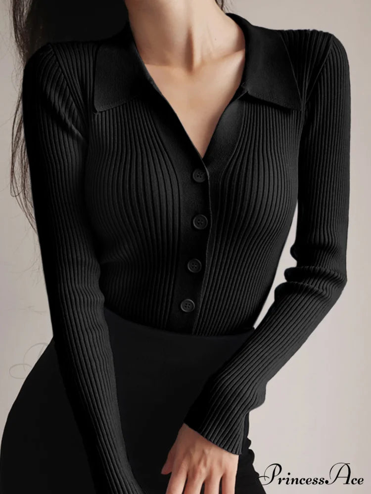 Button Up Graceful Collared Cardigan Black / Xs Sweaters-L