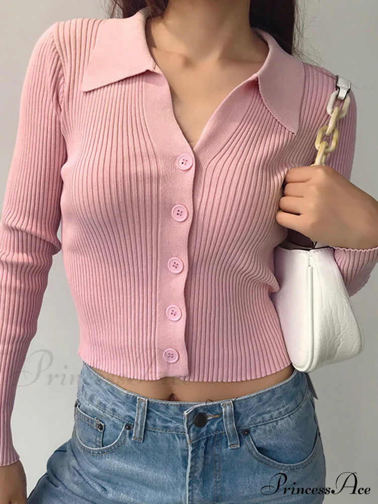 Button Up Graceful Collared Cardigan Sweaters-L