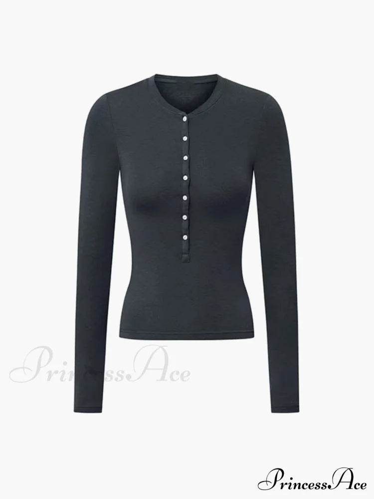 Button Up Graceful Long Sleeve Top T-Shirts