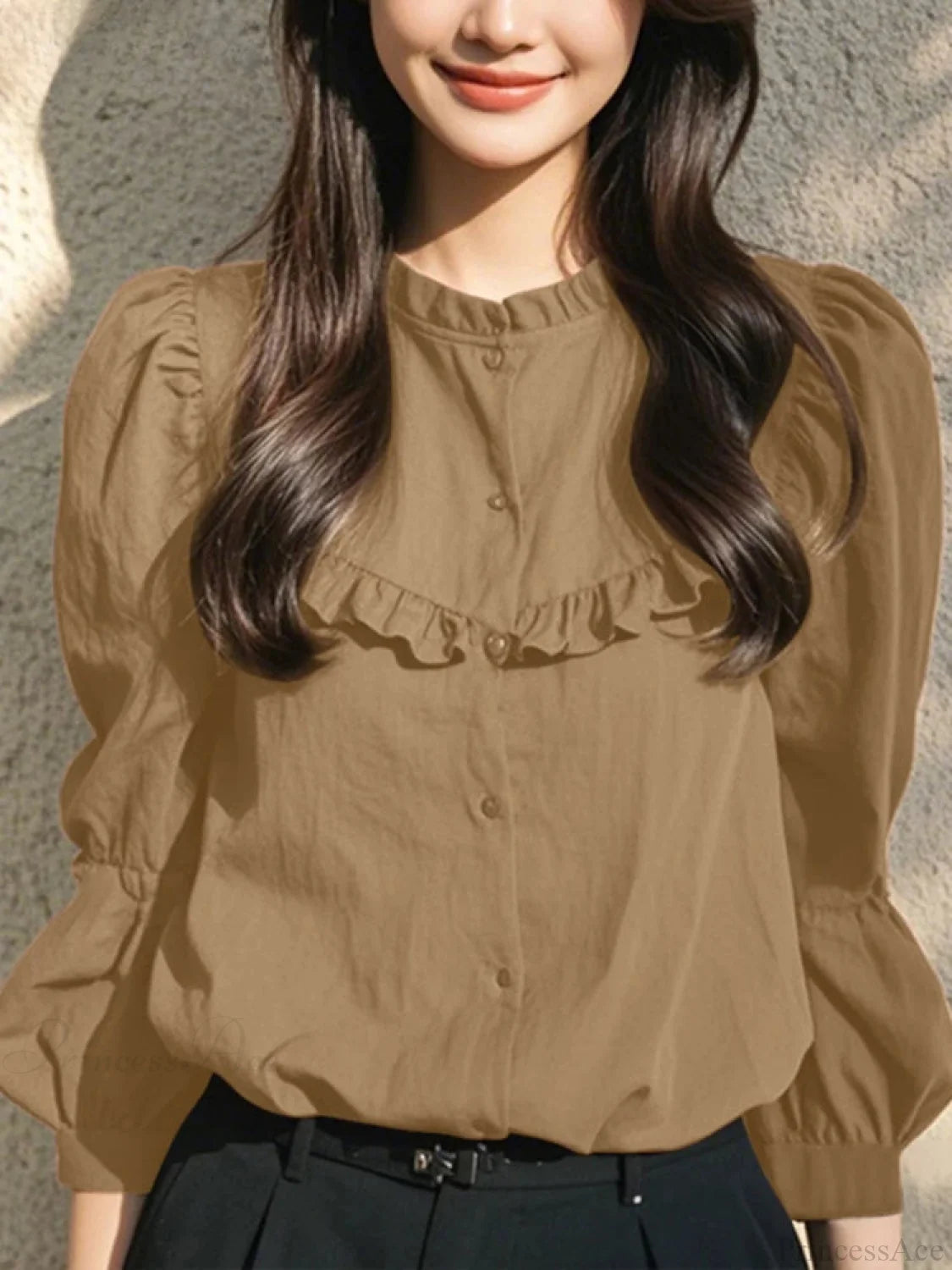 Button-Up O-neck Lantern Sleeve Casual Blouse Khaki / S blouse-250126