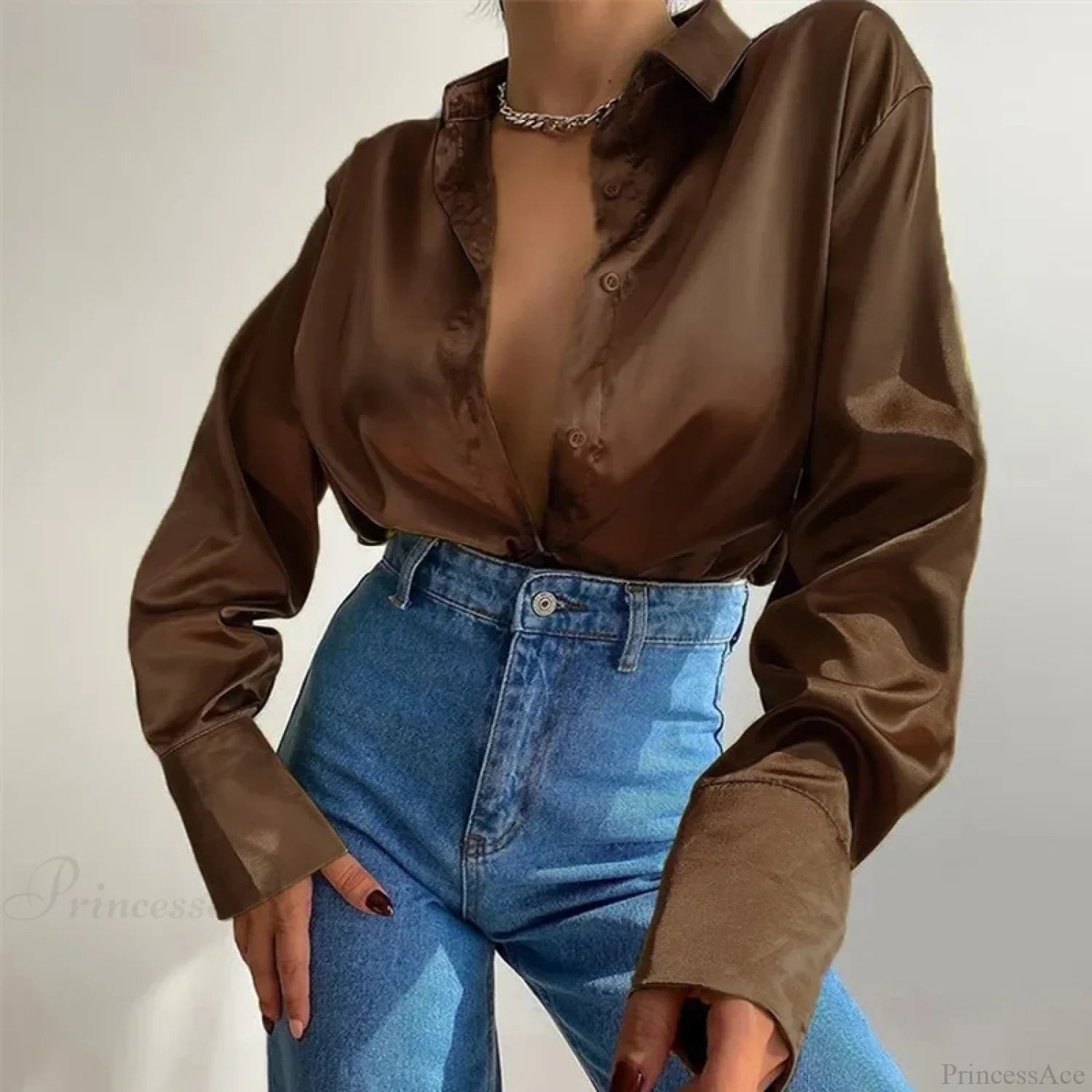 Button Up Satin Long Sleeve White Blouse Brown / S blouse-250223