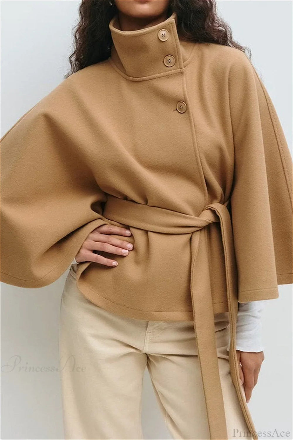 Button Up Stand Collar Cape Coat Khaki / S
