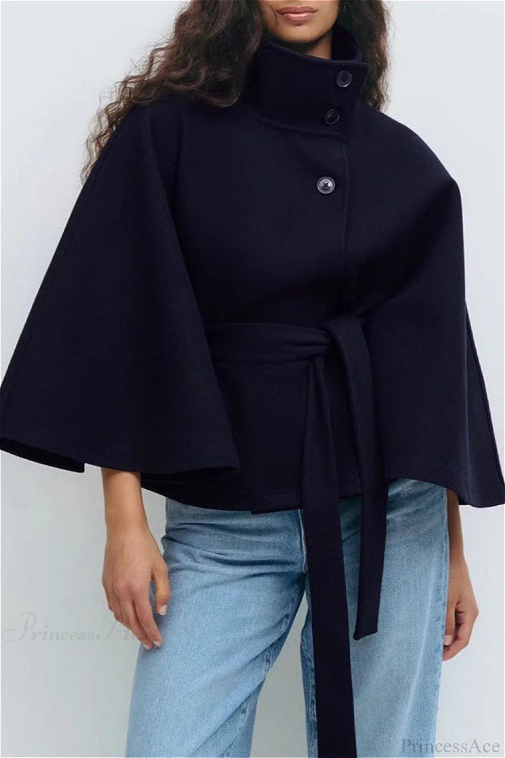 Button Up Stand Collar Cape Coat Navy Blue / S