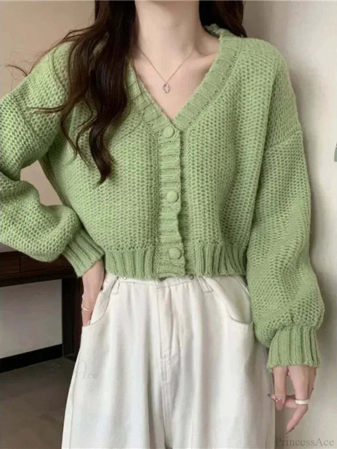 Button-Up V-Neck Sweet Casual Knit Cardigan Green / One Size cardiagn-250126
