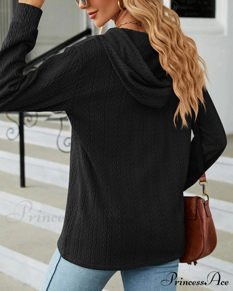 Buttoned Solid Color Hoodie Sweatshirts & Hoodies-L