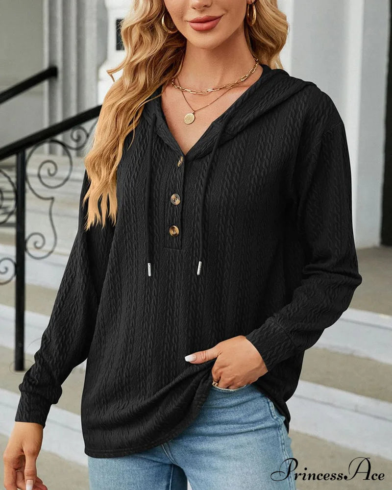 Buttoned Solid Color Hoodie Sweatshirts & Hoodies-L