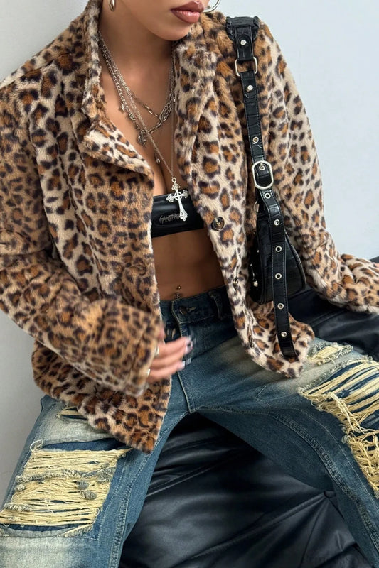 Buttoned Turn-Down Collar Thickened Leopard Coat