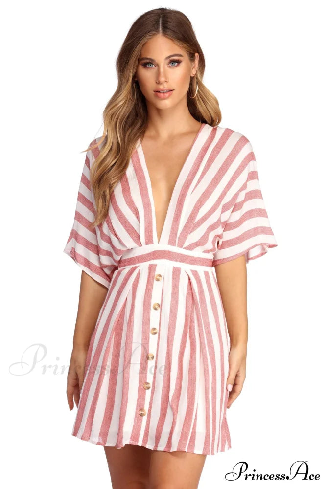 Buttoned Up Stylish In Stripes Dress Red / S Casual Dresses