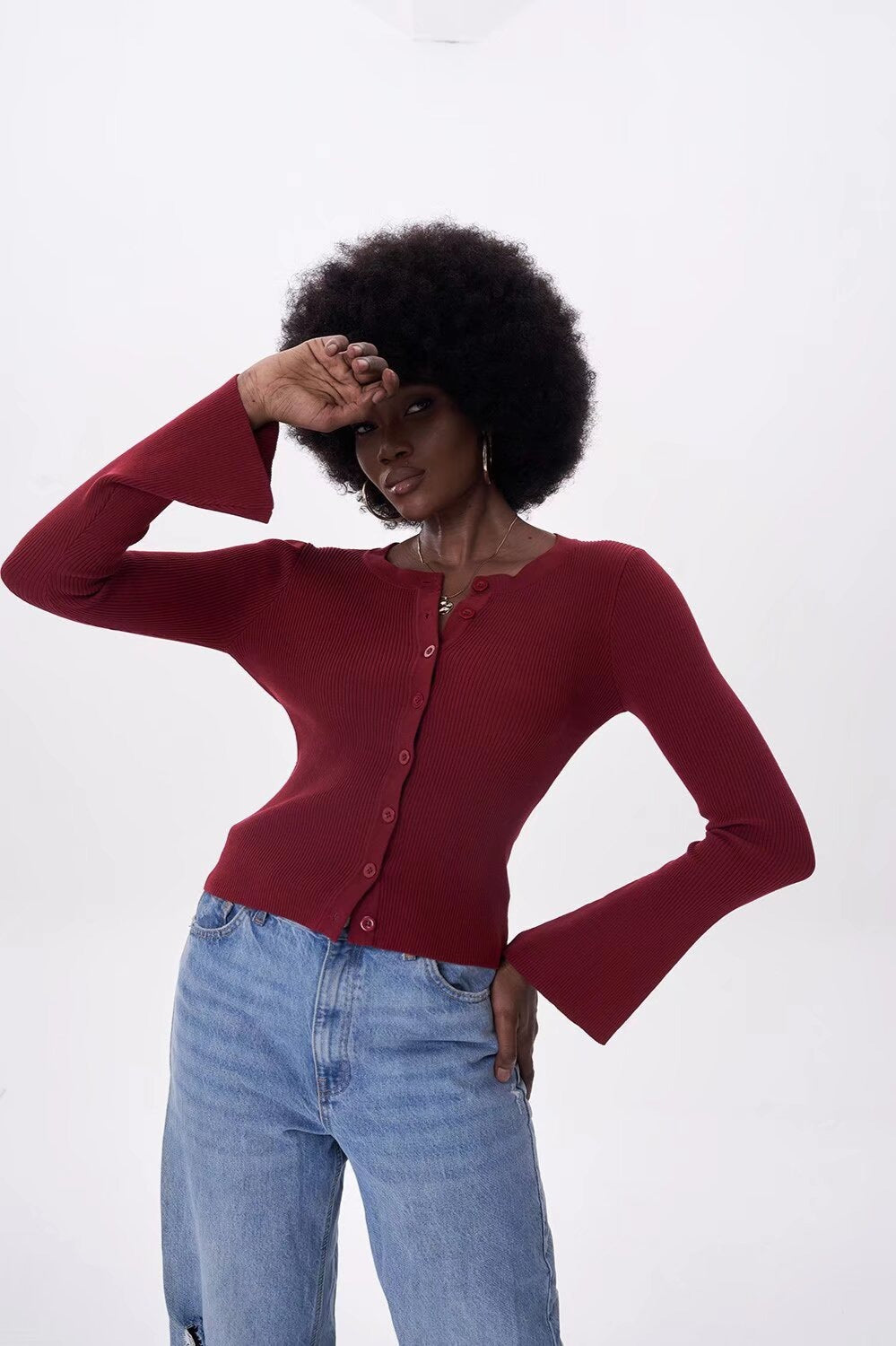 Flare Sleeve Button Cardigan Red / One Size