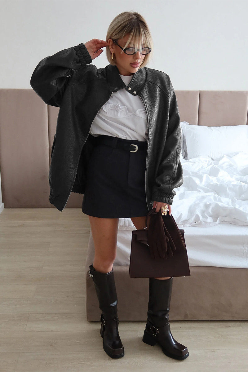Loose Stand Collar Zipper Textured PU Leather Coat