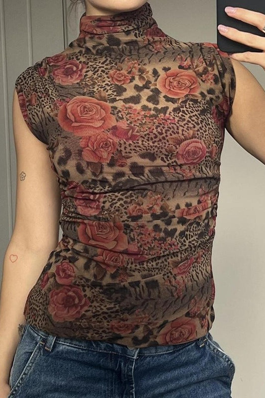 Chemisier à col montant et imprimé contrasté