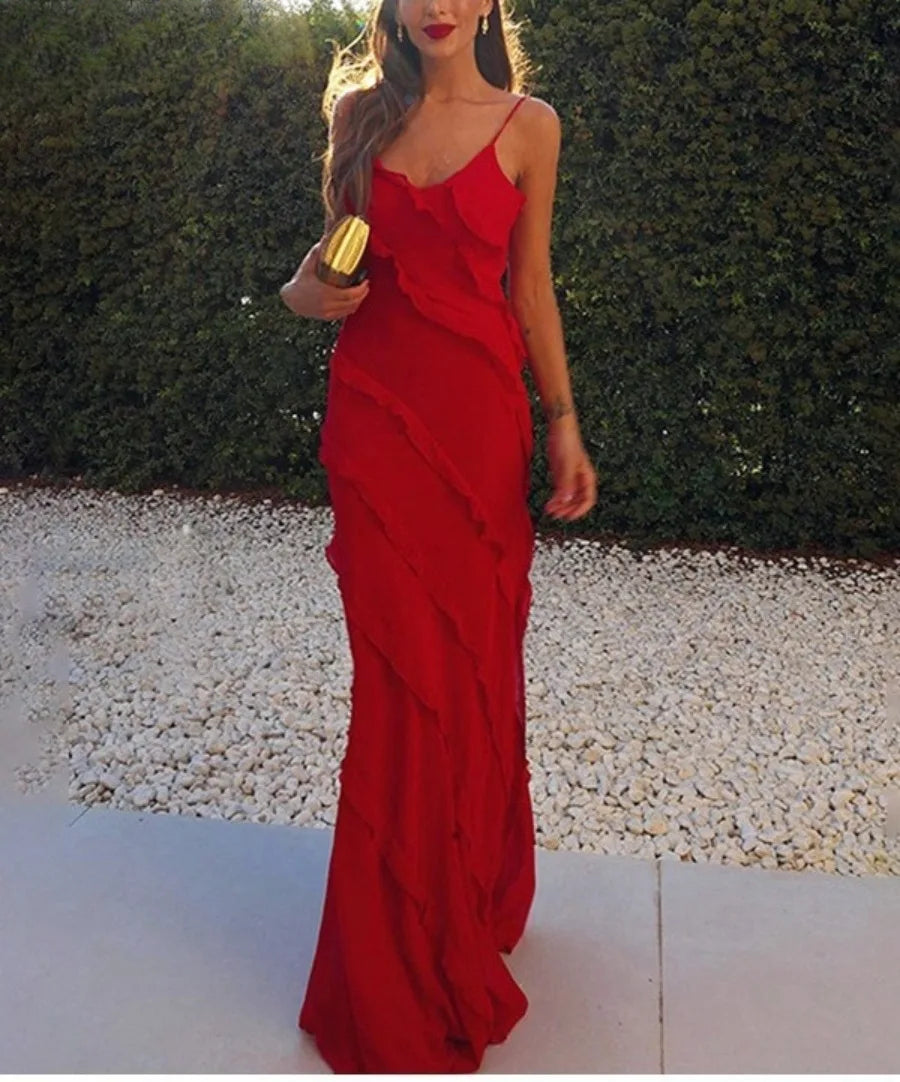 Elegant Ruffles Chiffon Backless Split Maxi Red Christmas Party Dress Dresses-L