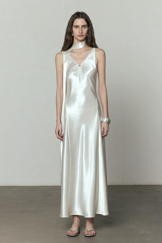 Simple Solid Satin V Neck Loose Maxi Dress